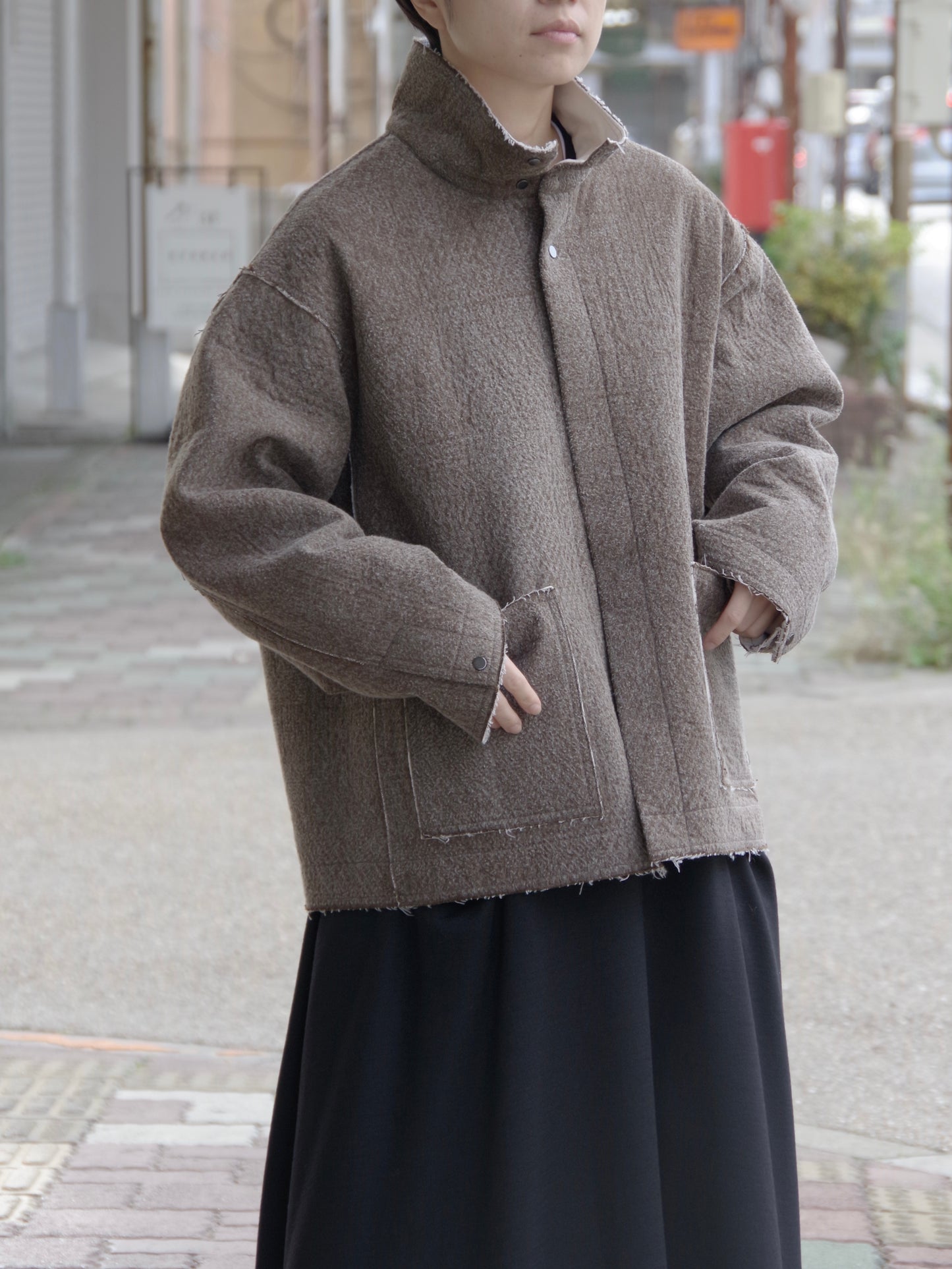 denim / fleece needle punch over jacket | qiri