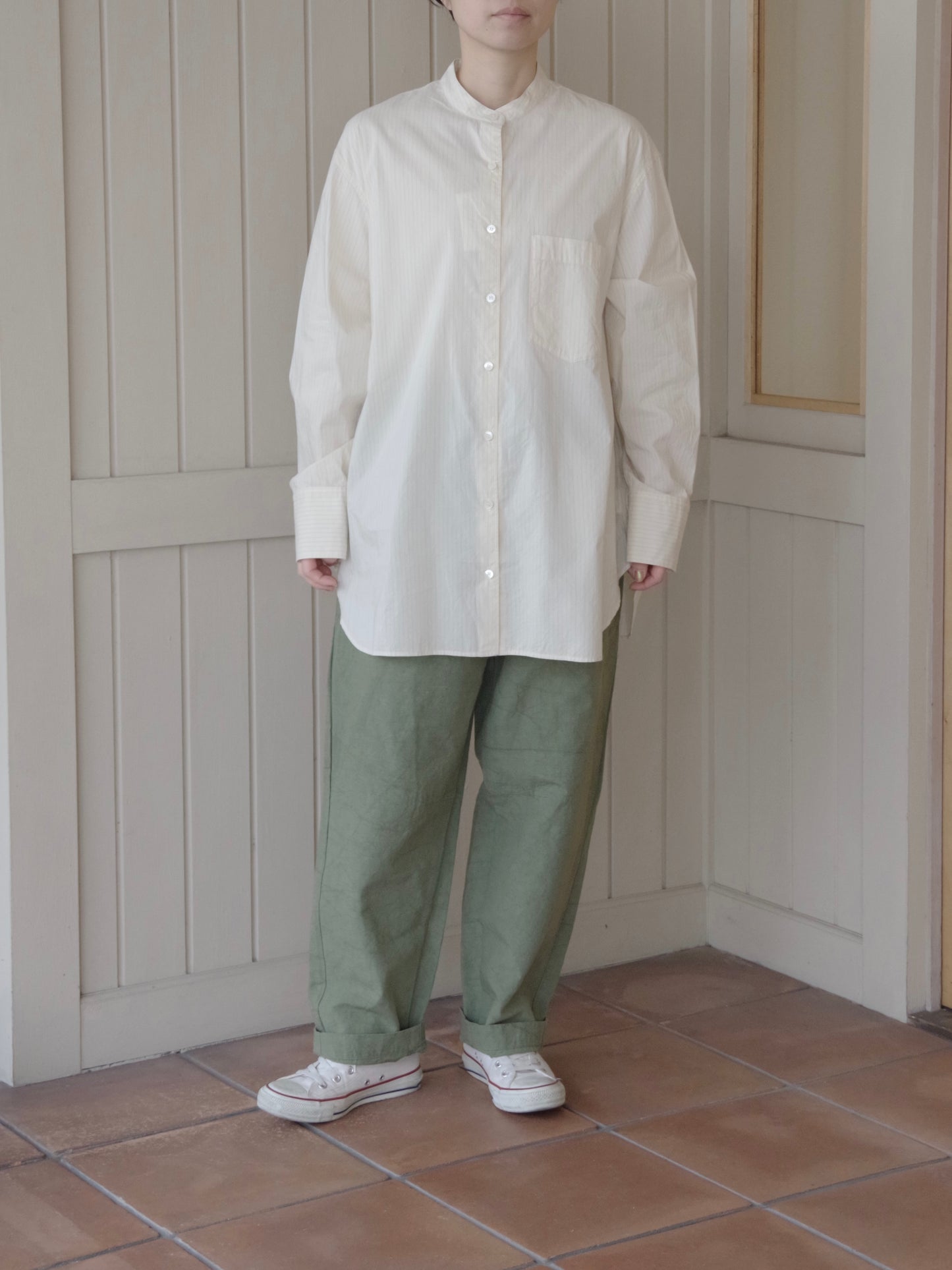 コットンシルク ストライプ moe sleeves バックリボン シャツ | yuni