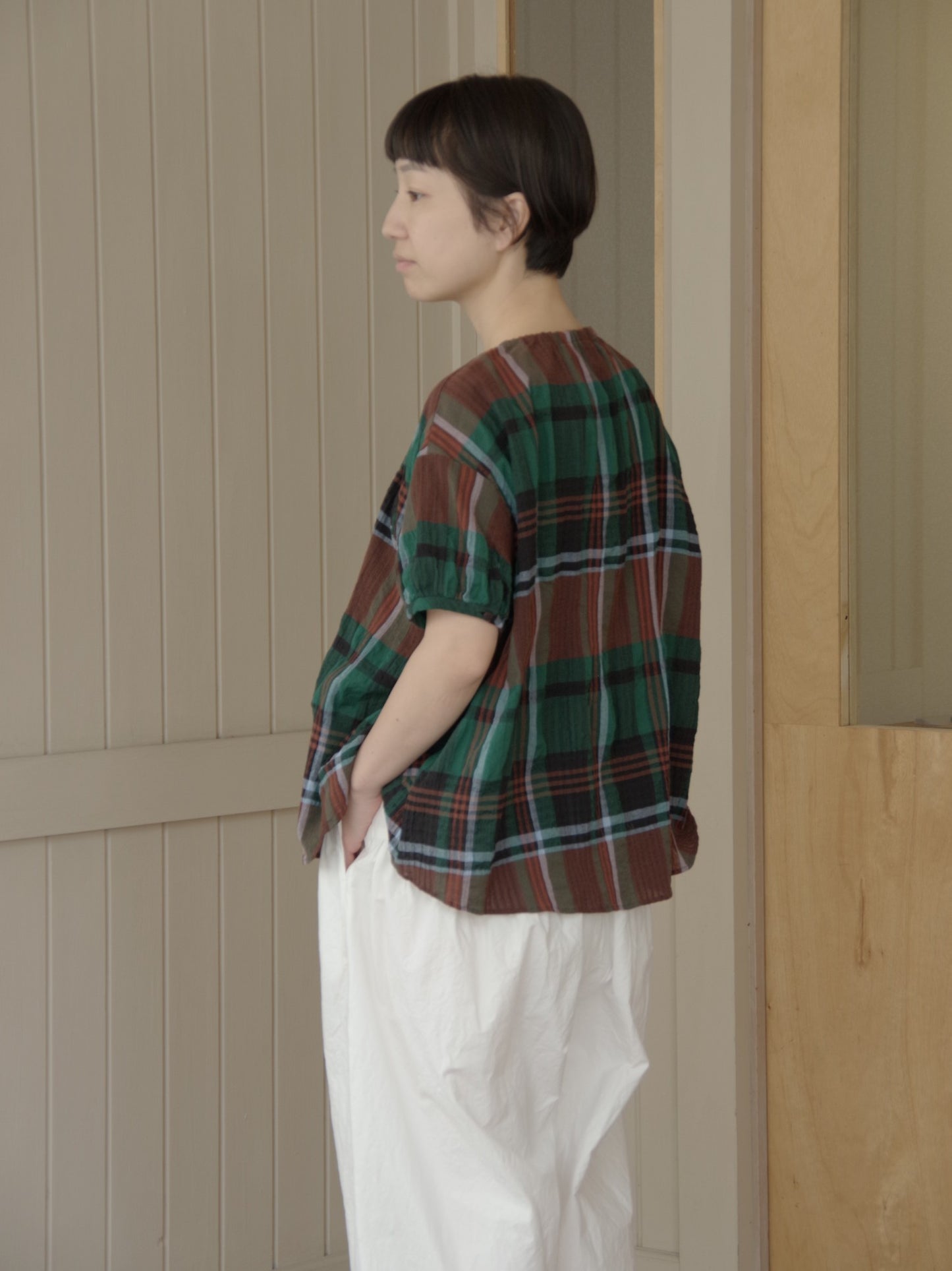 高島ちぢみbig check ふんわりブラウス | l'atelier du savon