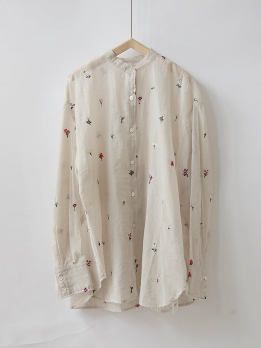 コットン/ナイロン sheer floral刺繍 moe sleeves シャツ | yuni