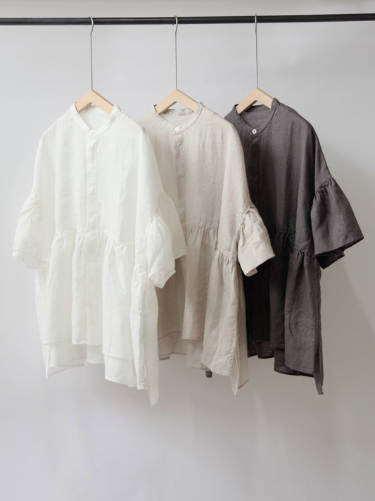 フレンチリネン ギャザーフレアワイドブラウス | UNIVERSAL TISSU