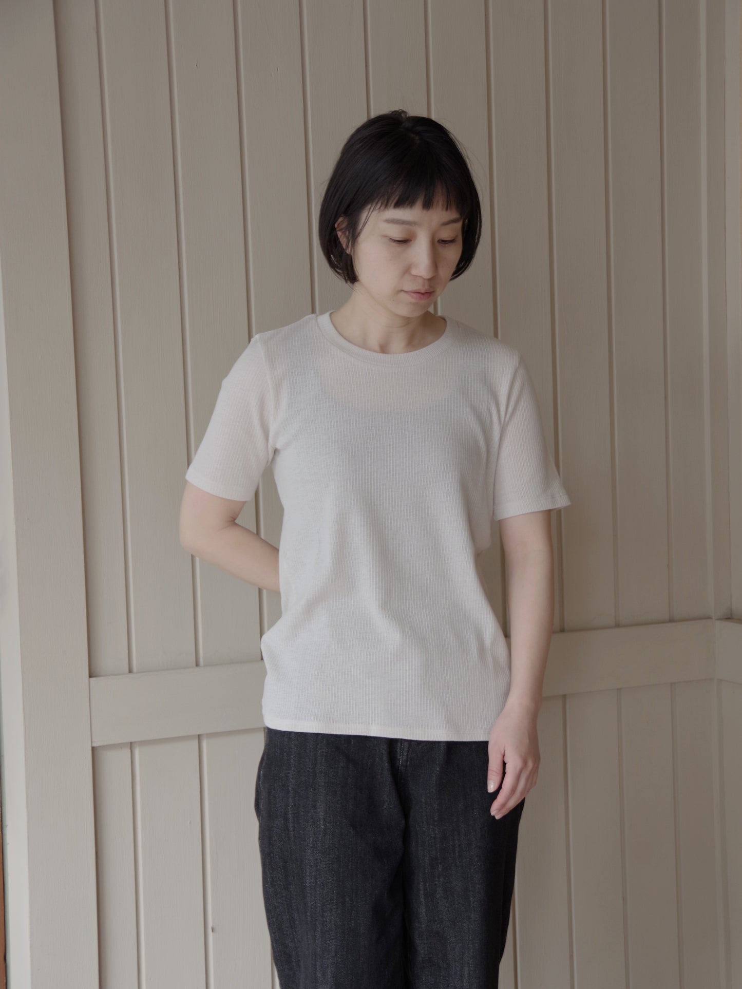 コットンポリエステルナチュラルテレコ ハーフスリーブTシャツ | yuni