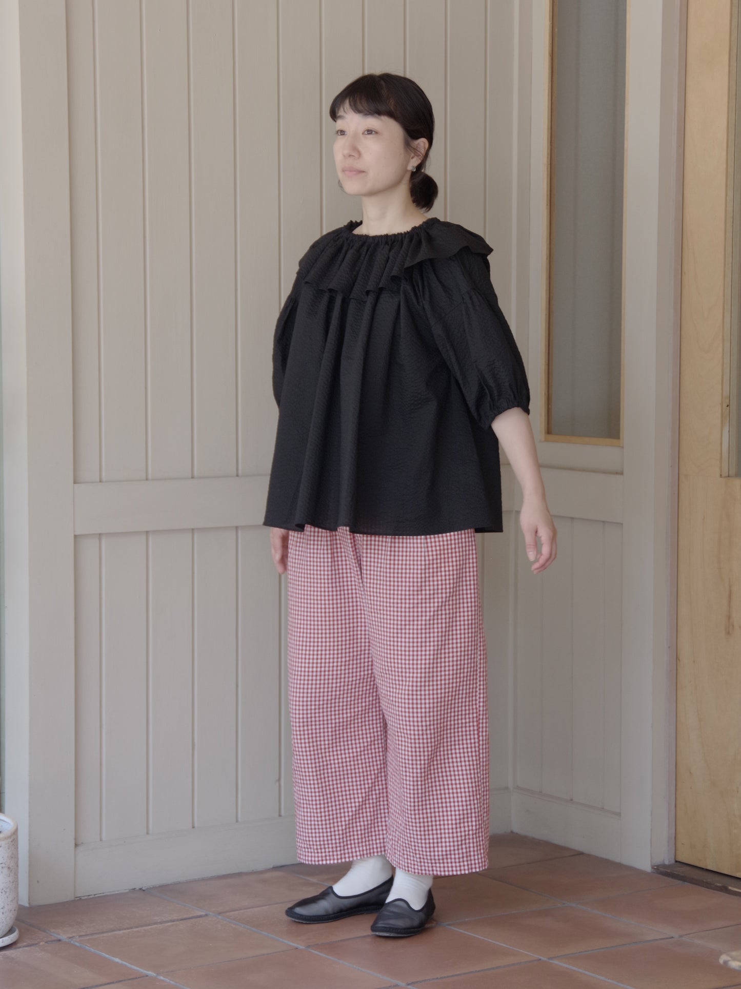 チェック柄シンプルワイドパンツ　赤｜potandtea