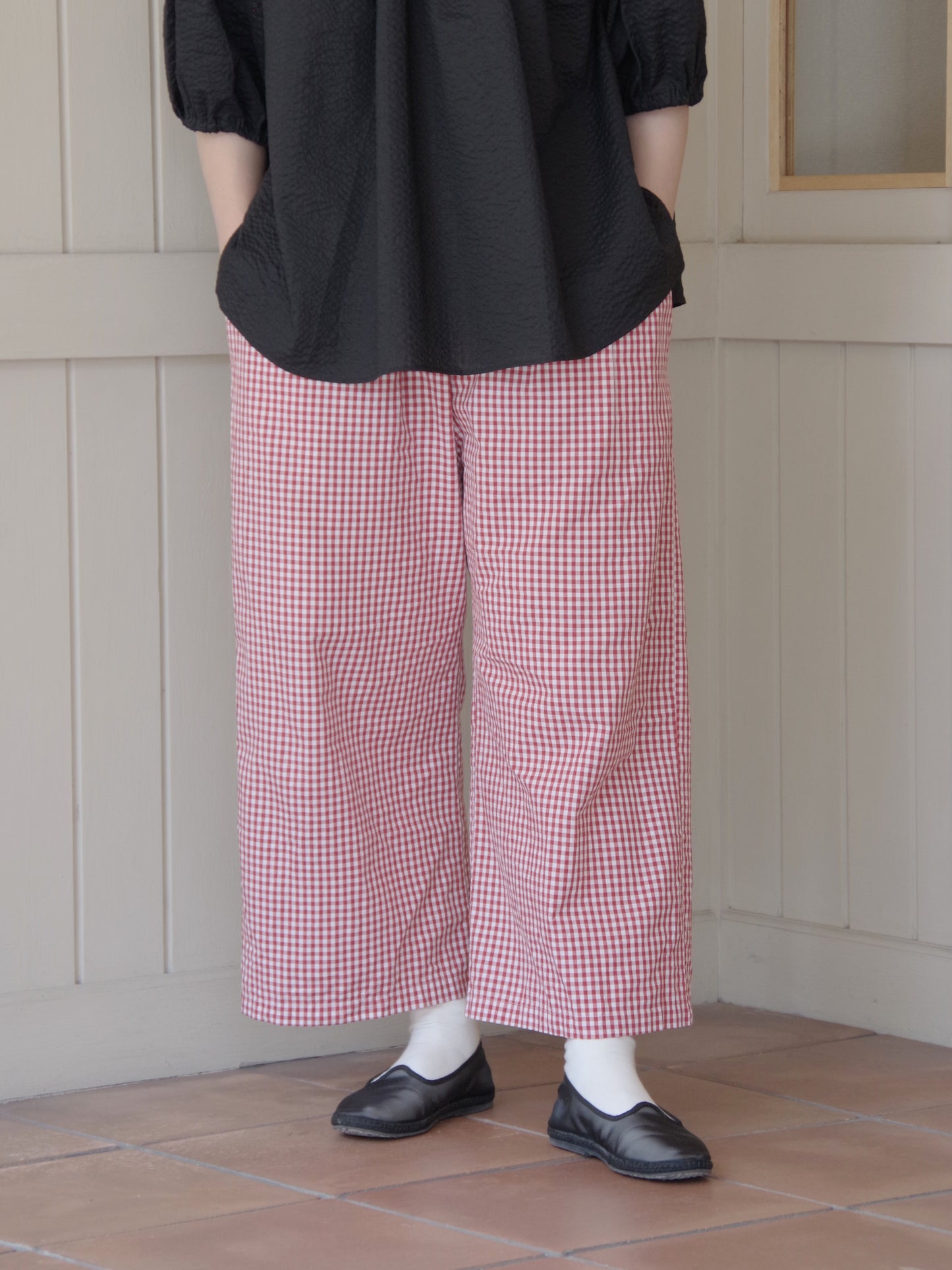 チェック柄シンプルワイドパンツ　赤｜potandtea