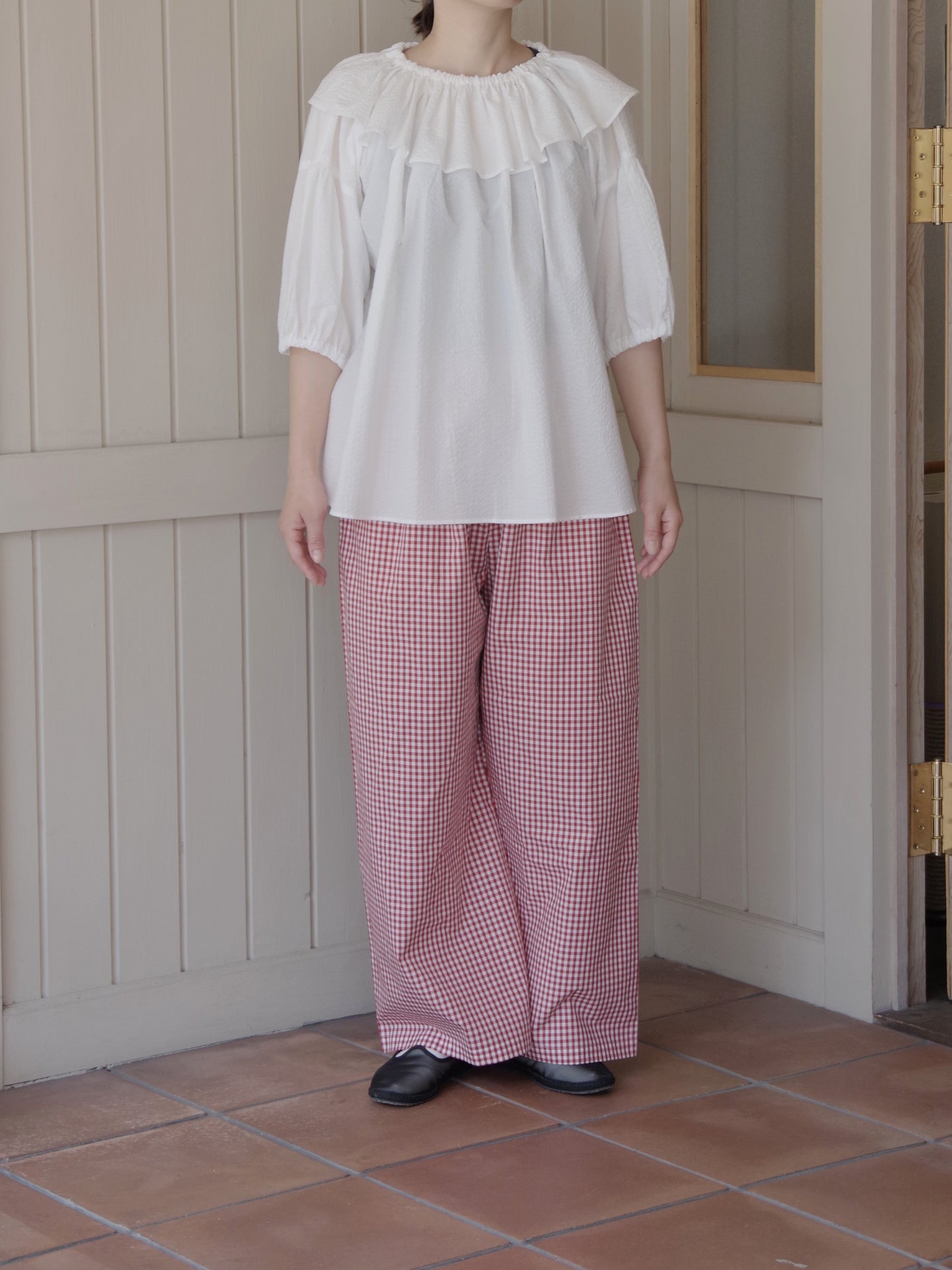 チェック柄シンプルワイドパンツ　黒｜potandtea