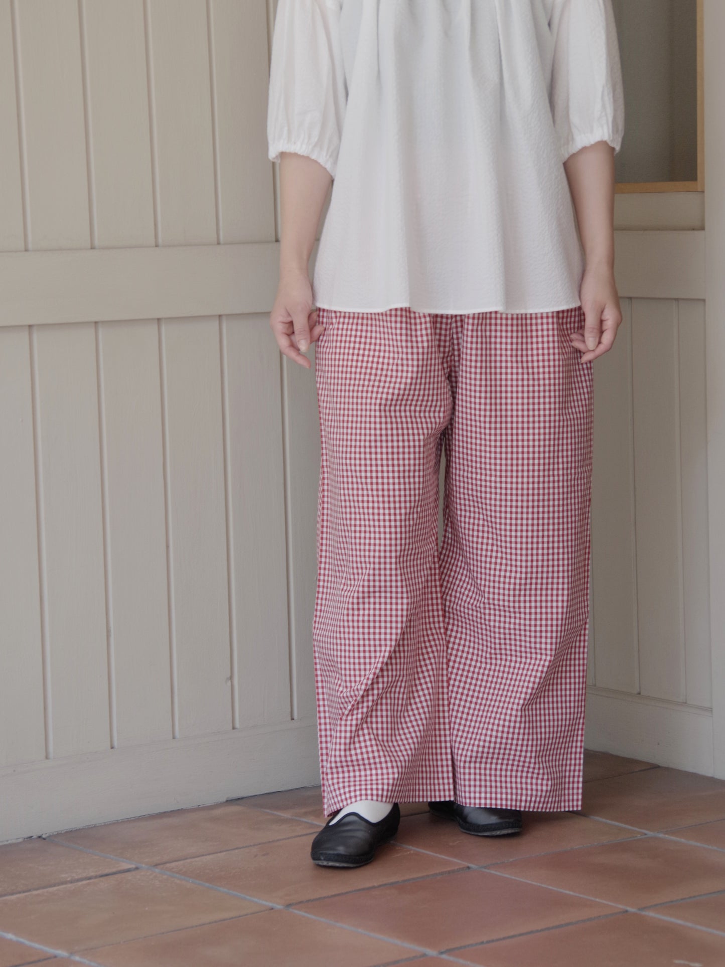 チェック柄シンプルワイドパンツ　黒｜potandtea