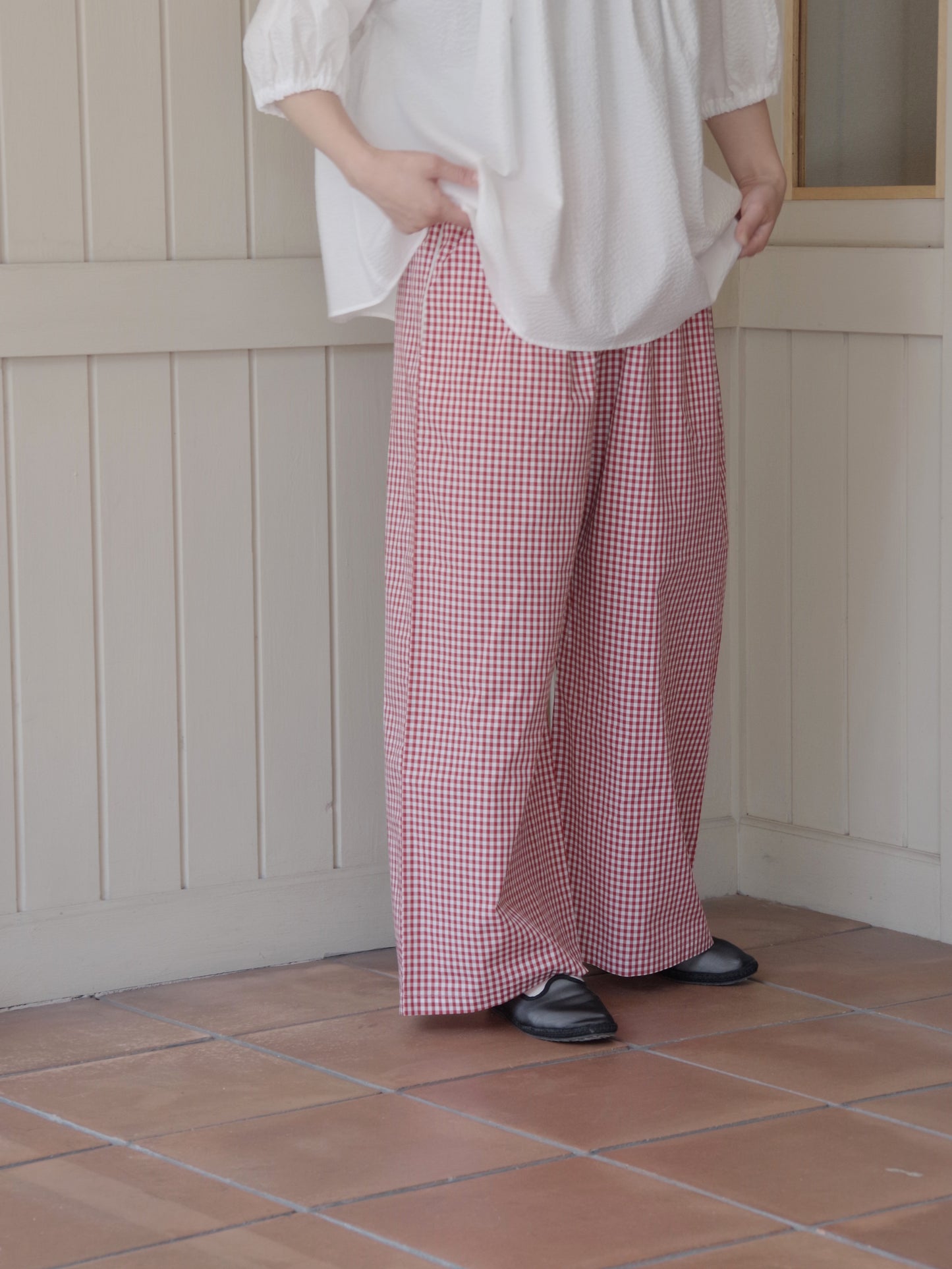 チェック柄シンプルワイドパンツ　赤｜potandtea