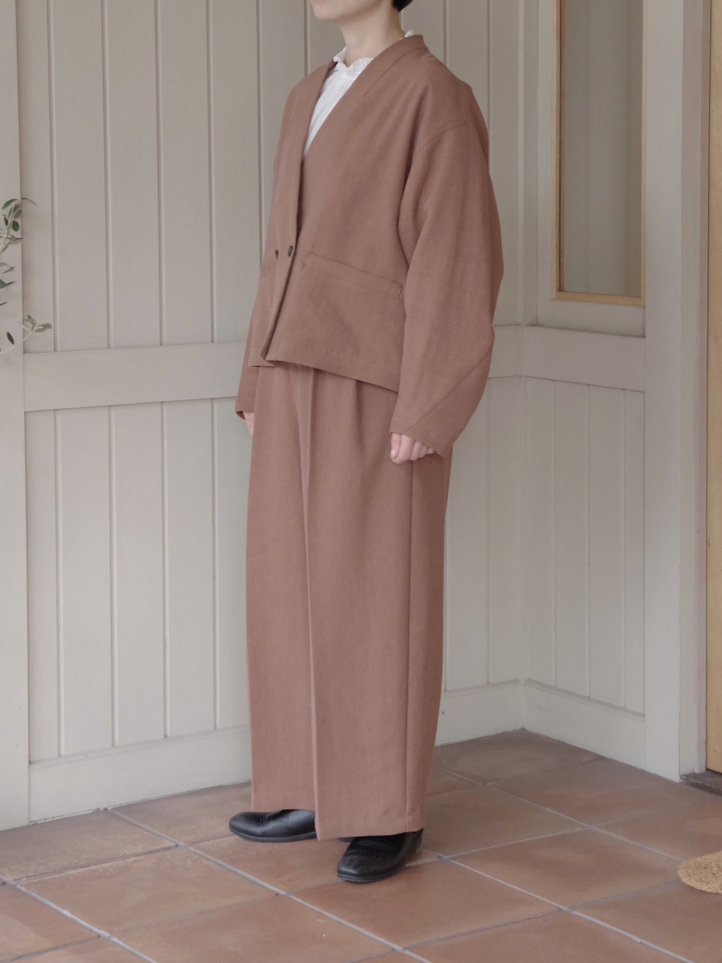 Linen/Polyester double cocoon no collar ジャケット |  yuni