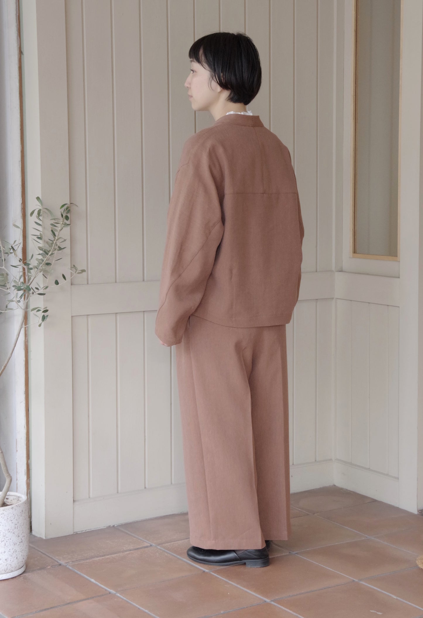 Linen/Polyester double cocoon no collar ジャケット |  yuni