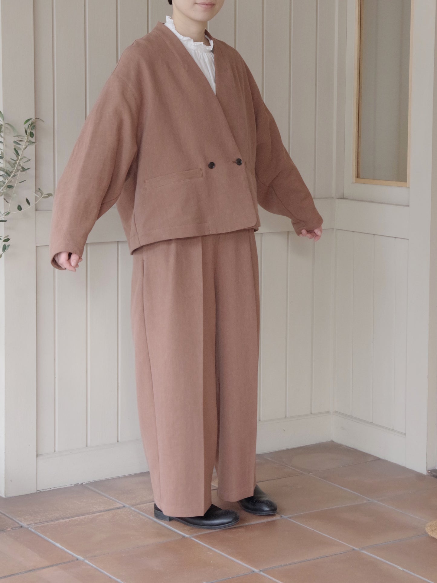 Linen/Polyester double cocoon no collar ジャケット |  yuni