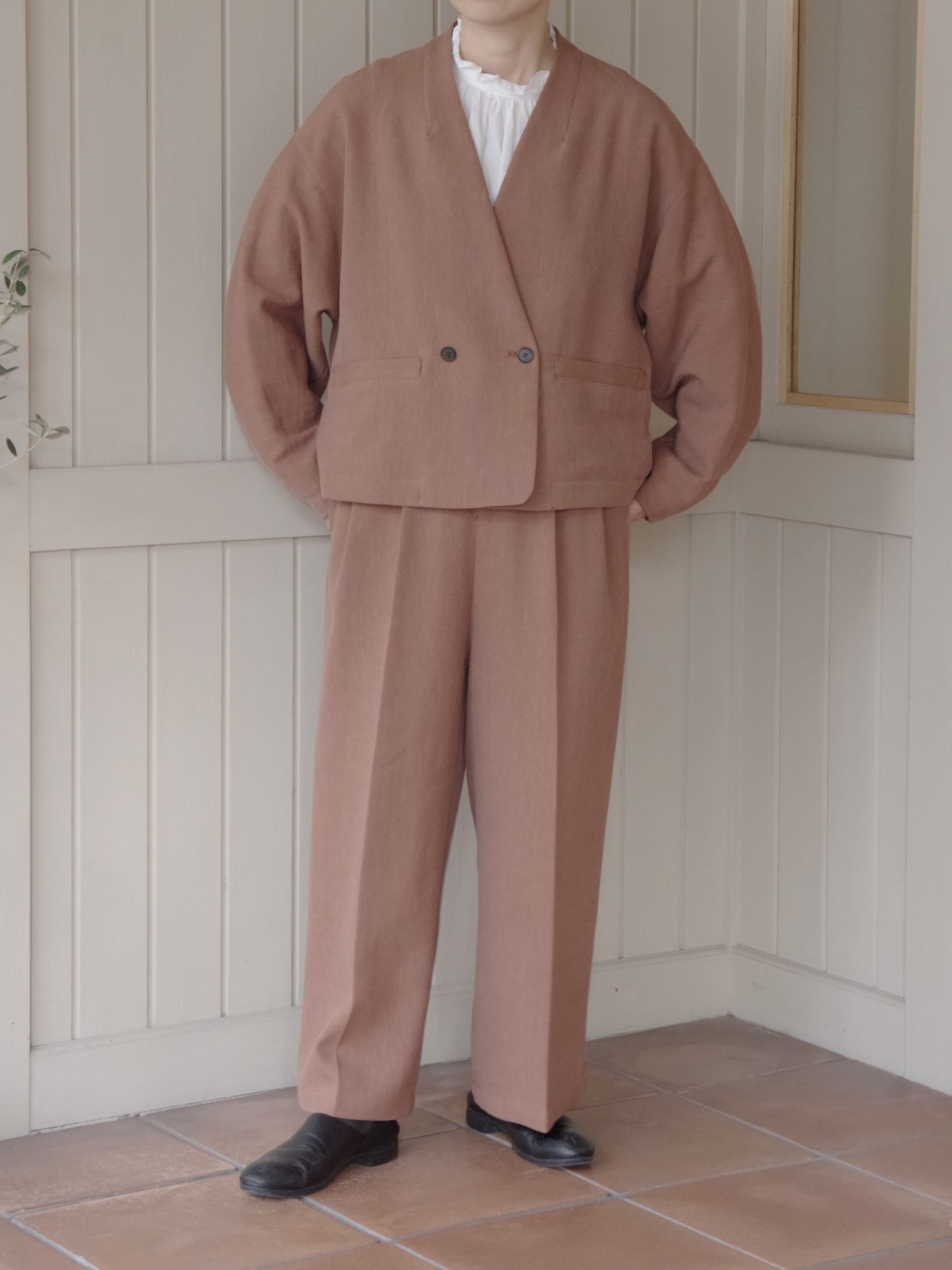 Linen/Polyester double cocoon no collar ジャケット |  yuni