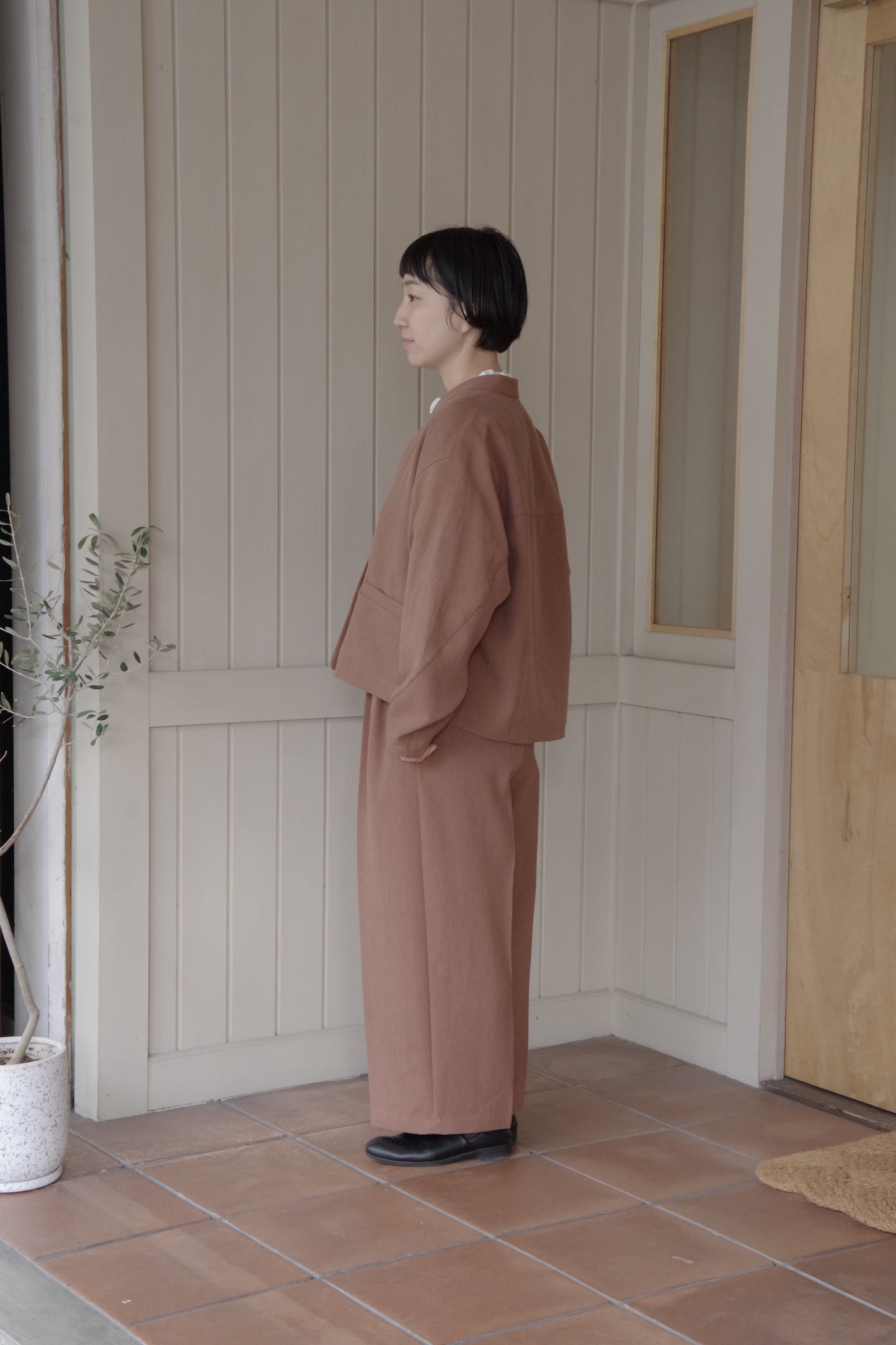 Linen/Polyester double cocoon no collar ジャケット |  yuni