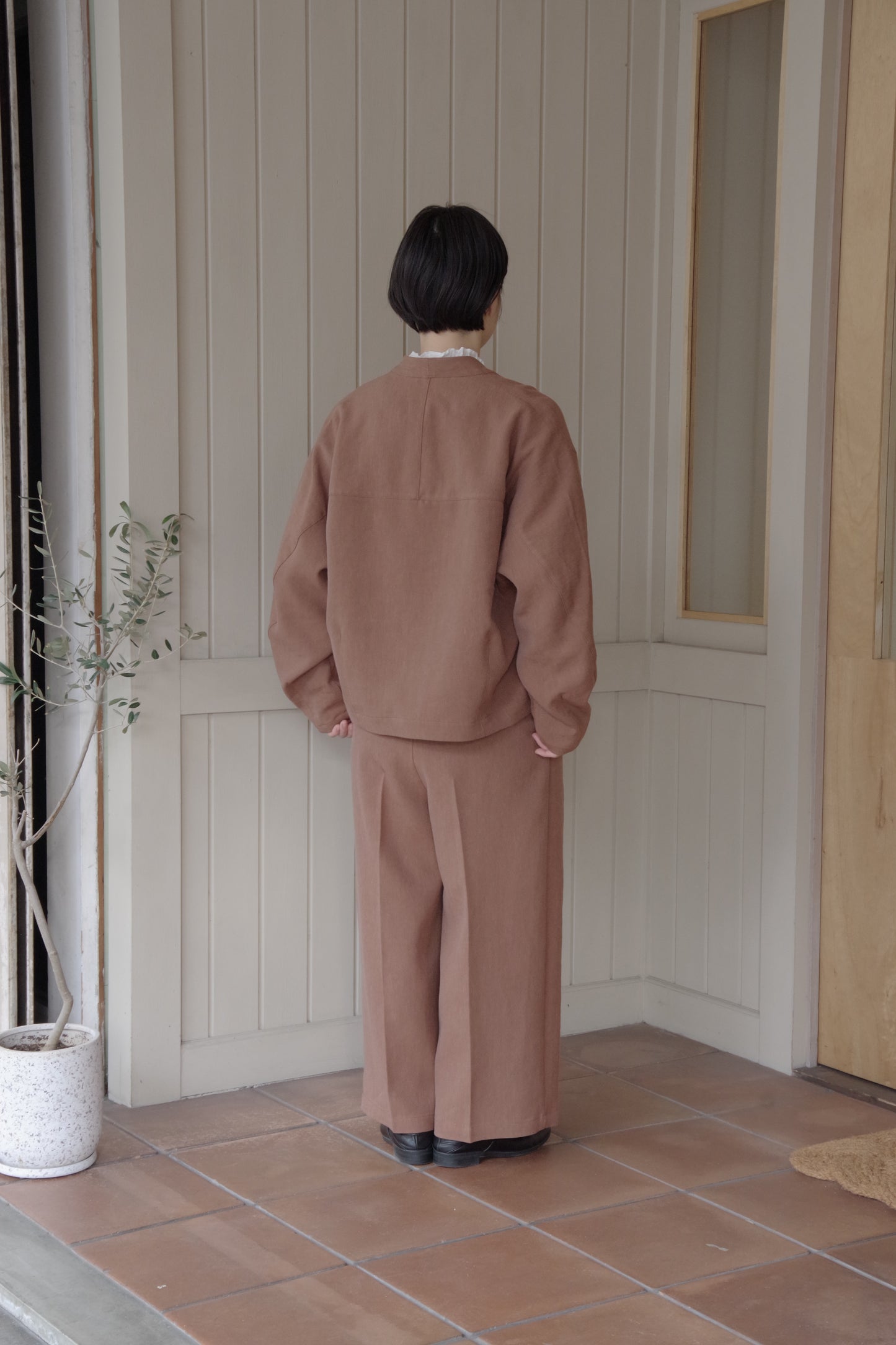 Linen/Polyester double cocoon no collar ジャケット |  yuni