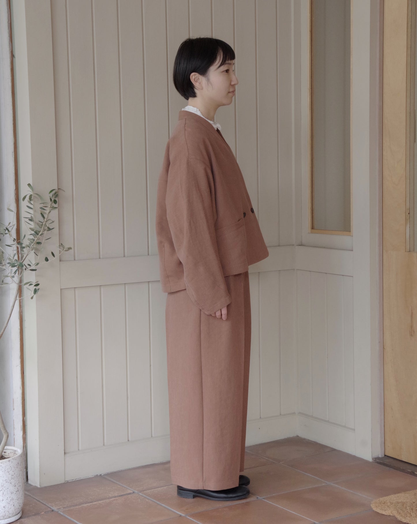 Linen/Polyester double cocoon no collar ジャケット |  yuni