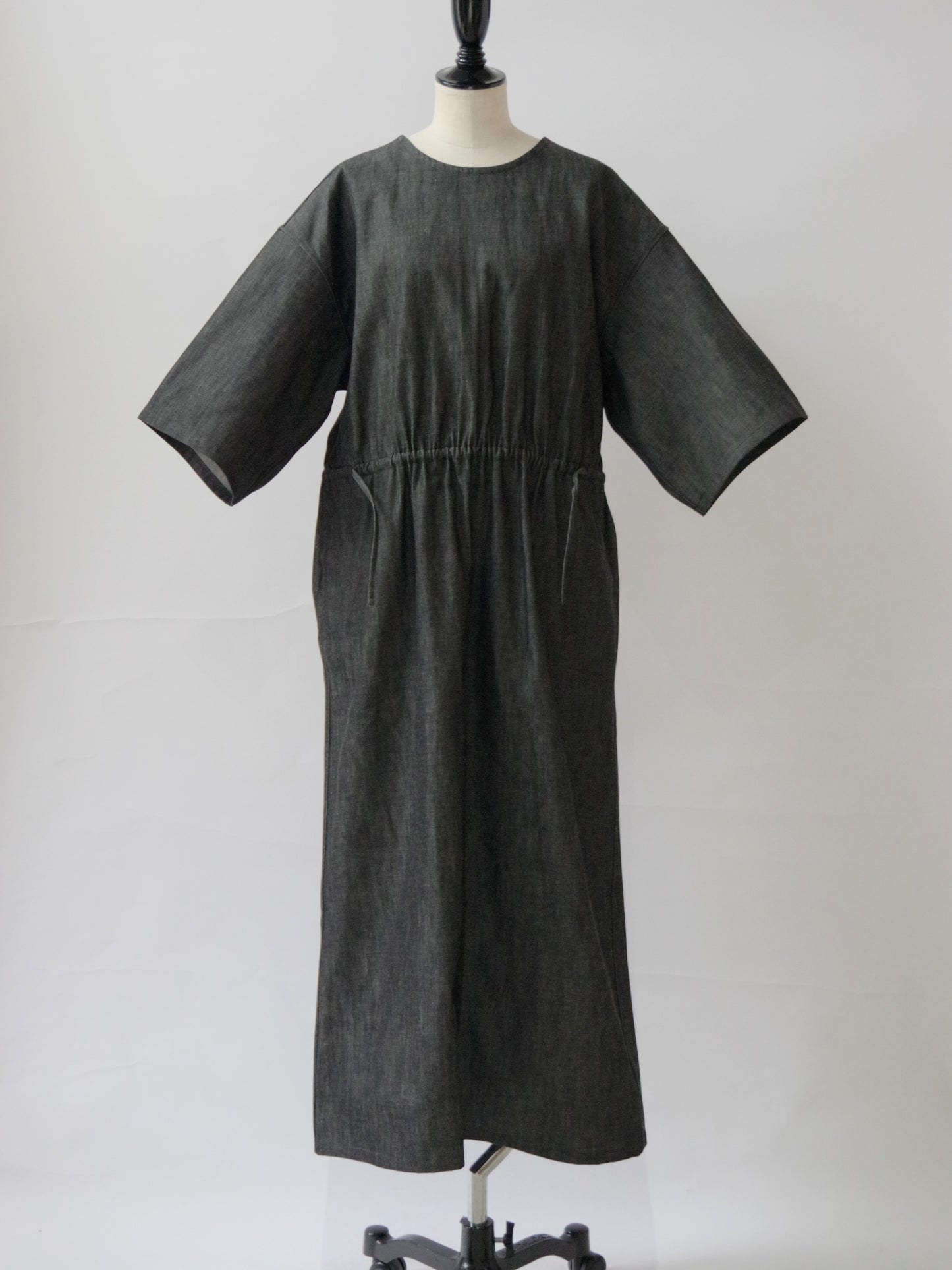 8.5ozライトデニム 5分袖ロングワンピース