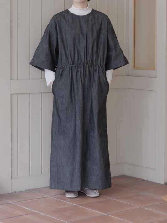 8.5ozライトデニム 5分袖ロングワンピース